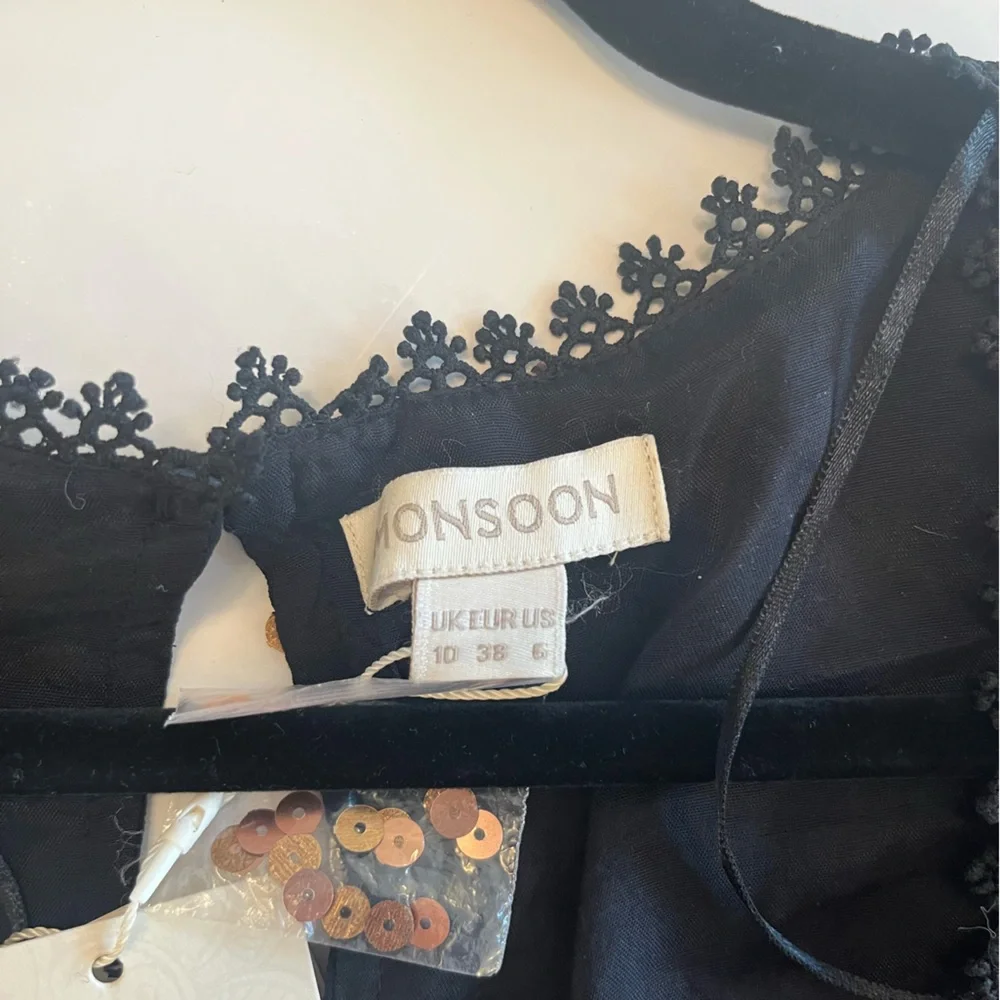 Monsoon Black Midi Dress with Gold sequin and lace detailing - Picture 8 of 9
